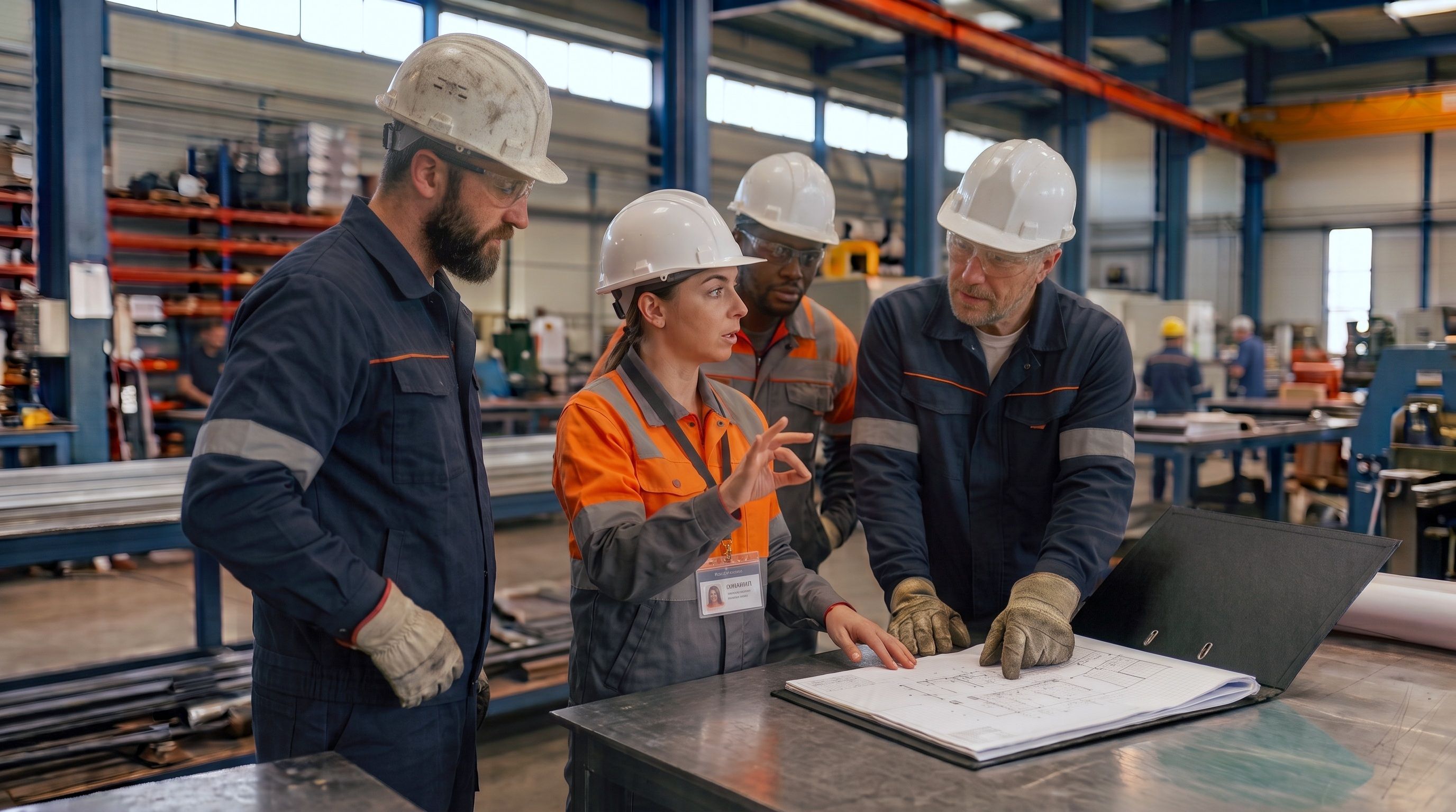 Quatre personnes en tenue de chantier consultent un plan dans un atelier industriel