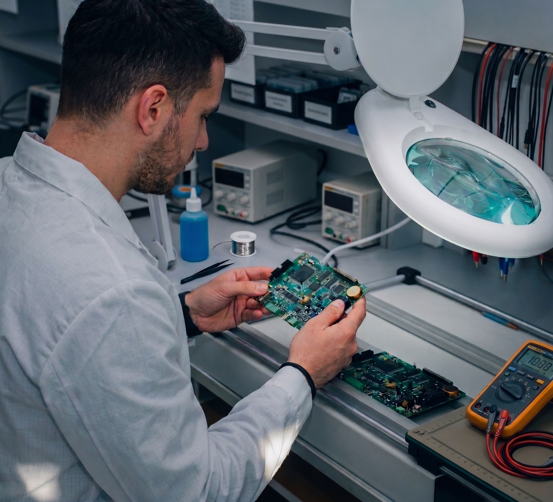 Un ingénieur examine une carte électronique sous une loupe éclairante, à un poste de laboratoire