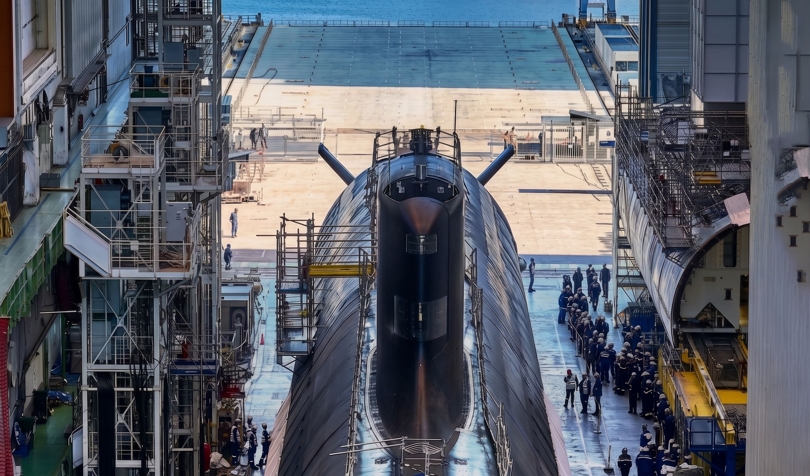 Sous-marin en construction dans une halle de chantier naval, entouré de personnel